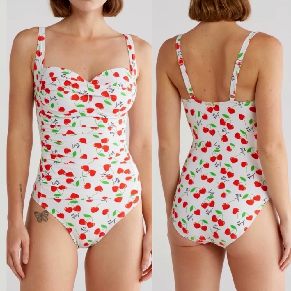 🌻NEW w/tag Betsey Johnson Cherry Bomb Bandeau One Piece Swimsuit Retro Pinup 2X